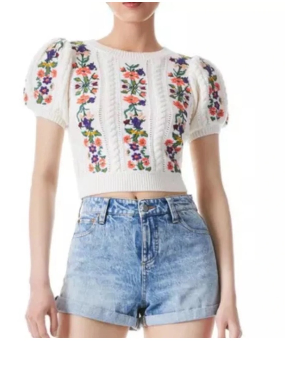 ALICE & Olivia White Puff-Sleeve Knit Top with Floral Embroidery - Picture 2 of 5